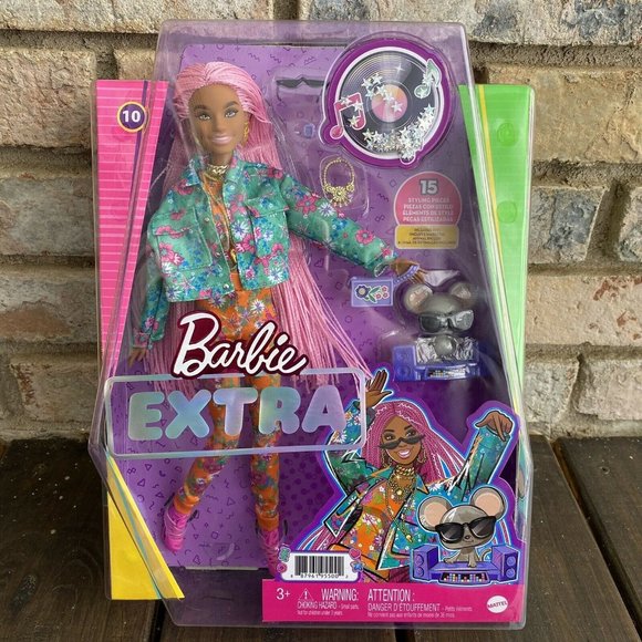 Barbie Extra Doll #10 in Floral-Print Jacket Jogger Set DJ Mouse Pet Pink Hair - Picture 1 of 5